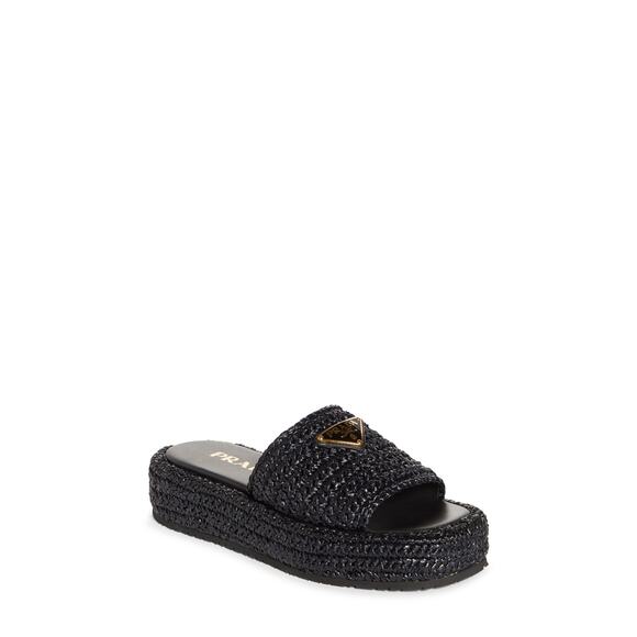 Prada 'Raffia' Black Raffia Flatform Slide Sandal Size 6 - Picture 1 of 5